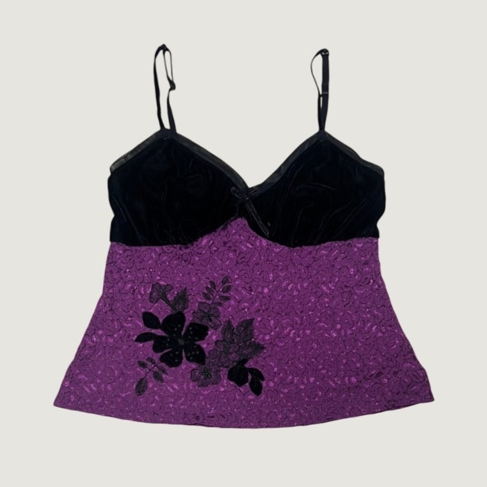 Y2K Whimsigoth Purple Black Velvet Floral Lace Camisole Cami Goth Vampy Romantic